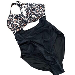 Leopard Print Twist Front Cutout One Piece Swimsuit Black Ruched High Waist NEW